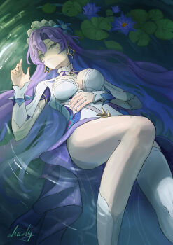 1girl absurdres blue_eyes blue_flower breasts cantarella_(wuthering_waves) chucky_(chucky1000sun) commentary_request dress earrings facial_mark feet_out_of_frame flower hair_between_eyes hair_flower hair_ornament hand_on_own_stomach hand_up headdress highres jewelry knee_up large_breasts long_hair looking_at_viewer lying mark_under_eye on_back parted_lips purple_hair shrug_(clothing) signature solo thighhighs thighs very_long_hair white_dress white_shrug white_thighhighs wuthering_waves