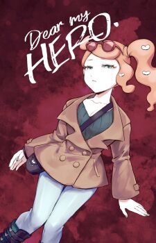 1girl aqua_eyes aqua_shirt black-framed_eyewear breasts brown_coat closed_mouth coat collarbone denim eyewear_on_head hair_ornament half-closed_eyes heart heart_hair_ornament highres jeans large_breasts long_hair medium_breasts mkt_omake nintendo orange-tinted_eyewear orange_hair pants pokemon pokemon_swsh ribbed_shirt shirt side_ponytail_with_hair_base solo sonia_(pokemon) sunglasses swept_bangs tinted_eyewear v-neck wavy_hair