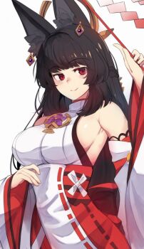 1girl animal_ears black_hair blunt_bangs breasts cosplay detached_sleeves ear_ornament fox_ears fox_girl genshin_impact highres hinghoi holding hoshimi_miyabi long_hair looking_at_viewer nontraditional_miko red_eyes smile solo white_background yae_miko yae_miko_(cosplay) zenless_zone_zero