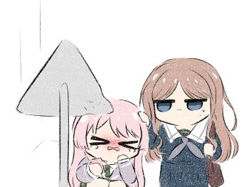 Rule 34 | > <, 2girls, bag, bang dream!, bang dream! it's mygo!!!!!, blue eyes, blue shirt, blue skirt, brown bag, brown hair, chihaya anon, commentary request, green necktie, green skirt, grey eyes, grey jacket, grey neckerchief, haneoka school uniform, headpat, highres, injury, jacket, jo8blhrvkta6duw, long hair, multiple girls, nagasaki soyo, neckerchief, necktie, open mouth, pink hair, pleated skirt, road sign, school uniform, shirt, shoulder bag, sign, skirt, sweatdrop, tearing up, tsukinomori school uniform