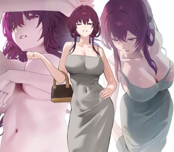 1girl absurdres alternate_costume bag bare_shoulders breasts cleavage collarbone commentary completely_nude covered_navel covering_nipples covering_privates dongtan_dress dress elbow_carry grey_dress hair_between_eyes hand_on_own_chest handbag highres honkai:_star_rail honkai_(series) hood_(james_x) kafka_(honkai:_star_rail) large_breasts looking_at_viewer multiple_views navel nude one_eye_closed parted_lips purple_eyes purple_hair smile stomach tight_clothes tight_dress