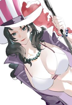 1girl alvida_(one_piece) black_hair breasts cleavage closed_mouth commentary earrings english_commentary green_eyes hat hat_feather holding holding_weapon jewelry large_breasts lips lipstick long_hair looking_at_viewer makeup nail_polish necklace one_piece pearl_earrings pearl_necklace raine_(acke2445) red_lips red_nails simple_background smile solo weapon white_background