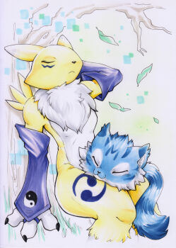 Rule 34 | blue fur, chest tuft, closed eyes, detached sleeves, digimon, digimon (creature), falling leaves, highres, katzesgallery, leaf, marker (medium), purple sleeves, renamon, sitting, tail, traditional media, two-tone fur, wanyamon, white fur, yellow fur