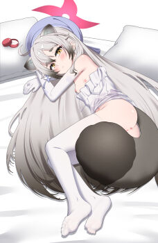 1girl absurdres animal_ears blue_archive chinese_commentary commentary_request elbow_gloves gloves grey_hair halo highres loli long_hair michiru_(blue_archive) michiru_(dress)_(blue_archive) nipples official_alternate_costume otakummm solo tail thighhighs white_thighhighs yellow_eyes