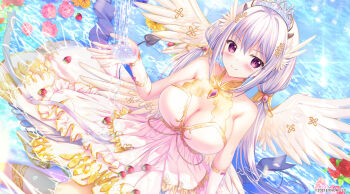 1girl angelic_link breasts cleavage commentary_request dress feathered_wings flower food frilled_dress frills fruit hair_between_eyes hair_wings highres large_breasts looking_at_viewer partially_submerged pink_dress pink_flower pink_rose purple_eyes purple_hair red_flower red_rose rose sidelocks sitting solo sousouman strawberry tiara water wet white_wings wings