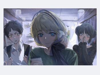 Rule 34 | 1girl, 2boys, alternate universe, armin arlert, backpack, bag, black background, black hair, black shirt, blonde hair, blue eyes, blush, border, brown hair, collared shirt, eren yeager, green shirt, hand on headphones, hashtag-only commentary, headphones, highres, holding, holding phone, laicuihu666, mikasa ackerman, multiple boys, official alternate costume, own hands together, phone, school, shingeki no kyojin, shirt, short hair, short twintails, sleeves past wrists, smile, sweat, twintails, upper body, white border, white shirt, wide-eyed