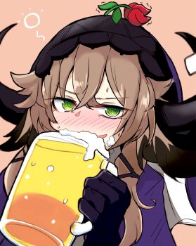 1girl alcohol animal_ears arknights beer black_gloves blush brown_background brown_hair commentary_request cow_ears cow_girl cow_horns crossed_bangs cup detached_hood drinking flower flower_on_head gloves green_eyes hair_between_eyes heka=ton highres holding holding_cup horns looking_at_viewer mug open_mouth pallas_(arknights) purple_shirt red_flower red_rose rose shirt short_hair_with_long_locks simple_background solo squeans