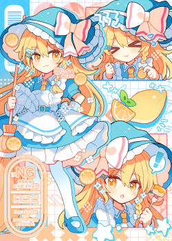 ! &gt;_&lt; 1girl :3 :o absurdres blonde_hair blue_dress blue_hat blue_shoes blush bow broom closed_eyes closed_mouth collared_dress commentary contrast_collar dress flying_sweatdrops food fork frilled_dress frilled_hat frills fruit full_body hair_between_eyes hair_bow hat hat_bow highres holding holding_broom holding_fork kirisame_marisa lemon long_hair looking_at_viewer multiple_views necktie open_mouth pantyhose shirocha_tei shoes short_sleeves smile spoken_exclamation_mark standing touhou twitter_username watermark white_bow white_pantyhose yellow_eyes yellow_necktie