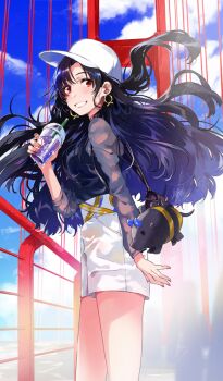 Rule 34 | 1girl, baseball cap, black hair, black shirt, blue sky, bridge, brown bag, cloud, commentary, creature, cup, day, disposable cup, drinking straw, earrings, fate/grand order, fate (series), feet out of frame, fingernails, floating hair, fly (marguerite), from side, gold earrings, golden gate bridge, grin, gugalanna (fate), hat, holding, holding cup, ishtar (fate), ishtar (scenic beauty) (fate), jewelry, long hair, long sleeves, looking at viewer, looking to the side, official art, open mouth, outdoors, people, red eyes, red nails, shirt, shorts, sky, smile, solo focus, standing, sunlight, suspension bridge, teeth, third-party source, white hat, white shorts