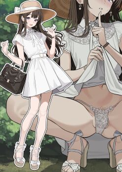 1boy absurdres blush brown_eyes brown_hair bulge clothes_lift clothes_pull crossdressing crossdressing_(mtf) exhibitionism flashing hat highres lifting_own_clothes long_hair looking_at_viewer male_focus open_mouth original panties public_indecency pulling_own_clothes sidelocks skirt skirt_lift solo thighs trap turisasu underwear