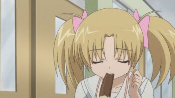 1girl ? animated animated_gif blonde_hair blush brown_eyes chocolate-covered_food chocolate_banana food hair_ribbon kiryuu_mikazuki kissxsis licking loli ribbon saliva screencap sexually_suggestive smile tongue