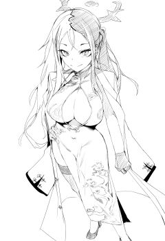 1girl absurdres blue_archive breasts china_dress chinese_clothes cleavage cleavage_cutout closed_mouth clothing_cutout coat coat_on_shoulders covered_navel dress gloves greyscale halo hand_on_own_hip high_heels highres kai_(blue_archive) large_breasts long_hair looking_at_viewer monochrome multicolored_hair plentyofempty side_slit simple_background sketch solo standing thighhighs very_long_hair