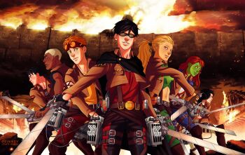 3girls 4boys alien aqua_lad artemis_crock belt black_hair blonde_hair boots colored_skin cosplay crossover dark_skin dc_comics denim dick_grayson dual_wielding earrings gills goggles green_eyes green_pants green_shirt green_skin harness highres holding jacket jeans jewelry kaldur'ahm kid_flash lightning_bolt_symbol midriff miss_martian multiple_boys multiple_girls orange_hair pants ponytail red_pants robin_(dc) s_shield shingeki_no_kyojin shirt superboy sword thigh_strap three-dimensional_maneuver_gear wally_west weapon white_pants yellow_shirt young_justice:_invasion zatanna_zatara