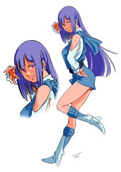 1980s_(style) 1girl artist_name blue_dress boots commentary_request dated dress full_body gundam gundam_zz high_heel_boots high_heels highres off_shoulder oldschool pgmajimaji purple_eyes purple_hair retro_artstyle roux_louka simple_background solo v white_background