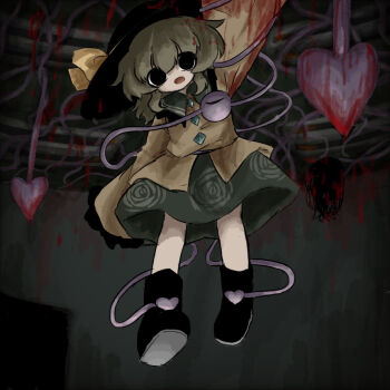 1girl arm_up black_eyes black_hat black_shoes blood blood_on_clothes commentary_request contrast_collar green_hair green_skirt hair_between_eyes hanging hat hat_ribbon heripantomorrow komeiji_koishi looking_at_viewer open_mouth ribbon shirt shoes skirt solo third_eye touhou yellow_ribbon yellow_shirt