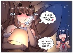 2girls antennae arthropod_girl black_hair blue_sailor_collar blush brown_gloves brown_hair brown_wings bug cellphone clenched_hands closed_eyes comic elbow_gloves english_text fur_trim gloves glowing hands_up heart highres hinghoi holding holding_lamp holding_phone insect insect_girl lamp long_hair medium_hair monster_girl moth moth_girl multiple_girls neckerchief night hugging_object open_mouth original phone red_neckerchief sailor_collar screen_light shirt short_sleeves smartphone speech_bubble sweatdrop upper_body white_shirt wings