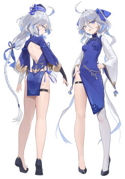 1girl absurdres back berserker_r blue_dress blue_eyes blue_hair blush breasts china_dress chinese_clothes dress full_body furina_(genshin_impact) genshin_impact grey_hair highres light_blue_hair long_hair looking_at_viewer multicolored_hair multiple_views open_mouth small_breasts smile streaked_hair tagme
