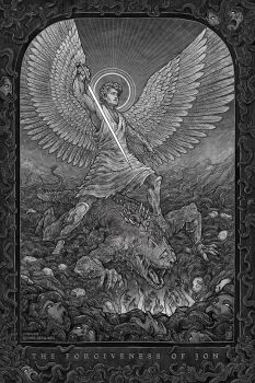 1boy absurdres angel_wings animal_ears cat_ears commentary crying cthulhu_mythos dress eldritch_abomination english_commentary english_text full_body garfield garfield_(character) halo highres holding holding_sword holding_weapon jon_arbuckle jr_(jarsarts) male_focus monochrome muscular muscular_male sharp_teeth short_hair sleeveless sleeveless_dress sword teeth tentacles weapon wings