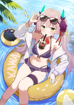 1girl absurdres bubble_tea_challenge cup drinking_straw eyewear_on_head glasses green_eyes heaven_burns_red highres jacket long_hair looking_at_viewer narby_(heaven_burns_red) navel ogasawara_hisame open_clothes open_jacket ribbon rinki_oohen sweatdrop swim_ring swimsuit thigh_strap twintails