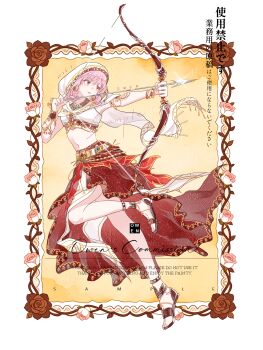 Rule 34 | 1girl, absurdres, aiming, anklet, armlet, arrow (projectile), bare shoulders, belt, border, bow (weapon), bracelet, brown eyes, brown flower, brown rose, brown sandals, chinese commentary, cloak, closed mouth, commentary request, commission, crop top, dated, determined, drawing bow, fighting stance, floating clothes, flower, full body, glint, gold armlet, gold belt, gold bracelet, gold necklace, highres, holding, holding arrow, holding bow (weapon), holding weapon, hood, hood up, hooded cloak, infinity nikki, jewelry, layered skirt, leg up, lipstick, long skirt, looking ahead, makeup, medium hair, midriff, multiple bracelets, navel, necklace, nikki (nikki), nikki (series), outside border, owenn (xiangyangersheng16681), picture frame, pink flower, pink hair, pink lips, pink rose, pleated skirt, purifying wind (infinity nikki), red skirt, rose, sample watermark, sandals, shirt, signature, single bracer, skirt, sleeveless, sleeveless shirt, solo, toes, watermark, weapon, white border, white cloak, white shirt, white skirt, yellow background