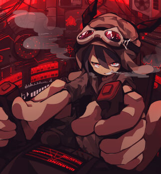 ! 1girl black_hair camouflage camouflage_headwear camouflage_jacket camouflage_pants cigarette commentary dark_skin english_commentary evil_grin evil_smile foreshortening furrowed_brow gesugao goggles goggles_on_head grey_eyes grin hair_between_eyes hat highres holding jacket m_legs machine original pants red_pupils red_theme sharp_teeth short_sleeves sign sitting smile smoke solo spread_legs teeth uenomigi ventilation_fan warning_sign