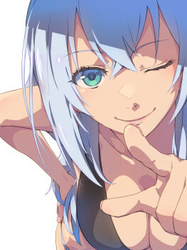 1girl beach bikini black_bikini blue_eyes bob_cut breasts chiharu_(9654784) cleavage close-up commentary_request crossed_bangs double-parted_bangs eiyuu_densetsu hair_between_eyes hand_on_own_hip highres kuro_no_kiseki_(series) kuro_no_kiseki_i large_breasts long_hair looking_at_viewer one_eye_closed outdoors partially_shaded_face pointing pointing_at_viewer shizuna_rem_misurugi simple_background smile solo swimsuit white_background white_hair