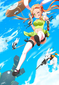 Rule 34 | 1girl, ;q, aircraft, animal ears, assault rifle, bad id, blush, brown hair, clothing cutout, cloud, dirigible, dual wielding, earrings, eyepatch, fake animal ears, female focus, flying, gun, hair ornament, handgun, heart, heart cutout, highres, holding, idfer, impossible clothes, jewelry, long hair, looking at viewer, mary janes, mask, navel, navel cutout, one eye closed, original, pistol, rabbit, rabbit ears, ribbon, rifle, scope, shoes, signature, sky, smoke, smoking barrel, solo, sword, thighhighs, tongue, tongue out, twintails, weapon, white legwear, wink, yellow eyes, dirigible