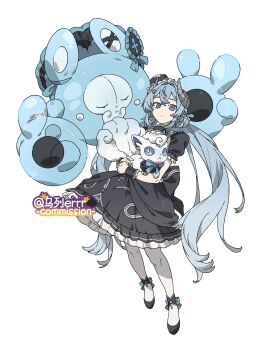 1girl :&lt; alolan_form alolan_vulpix alternate_color alternate_shiny_pokemon animal_hands black_bonnet black_dress black_shoes blue_bow blue_eyes blue_fur blue_hair bonnet bow closed_eyes dress floating fox frilled_dress frills full_body gen_5_pokemon gen_7_pokemon hat highres holding holding_pokemon horns lolita_fashion long_hair looking_at_viewer low_twintails mini_hat nintendo pantyhose pointy_ears pokemon pokemon_(creature) puffy_short_sleeves puffy_sleeves reuniclus shoes short_sleeves simple_background standing twintails white_background white_fur white_pantyhose wrist_cuffs wulie_errr