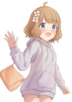1girl antenna_hair bag blue_eyes blush flower_ornament hair_ornament handbag highres hood hoodie idolmaster idolmaster_million_live! idolmaster_million_live!_theater_days kumotsuki35 looking_at_viewer medium_hair no_pants open_mouth simple_background smile solo suou_momoko waving