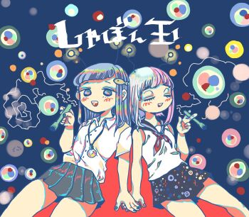 Rule 34 | 2girls, antennae, aqua nails, ascot, bad id, bad pixiv id, blue hair, blush, closed eyes, collared shirt, cropped legs, ebiebi, glowing, hair ornament, highres, holding, long hair, looking at viewer, multicolored hair, multiple girls, nail polish, neckerchief, open mouth, original, pink hair, pink nails, pleated skirt, red neckerchief, sailor collar, shirt, short sleeves, skirt, sleeveless, smile, two-tone hair, white hair, white shirt