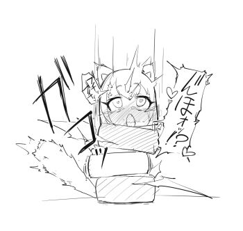 1girl ^^^ ahegao animal_ears cat_ears cat_tail daruma_otoshi fang greyscale heart heart-shaped_pupils mind_break monochrome nekono_matatabi open_mouth original personification simple_background solo symbol-shaped_pupils tail tail_raised what white_background wide-eyed