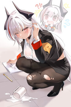 !? 1girl absurdres admiral_zenker_(azur_lane) admiral_zenker_(fun_with...interrogations?)_(azur_lane) armband azur_lane black_horns black_jacket black_pantyhose blush breasts buttons collarbone collared_shirt commentary_request cup flying_sweatdrops hair_intakes hand_in_own_hair hand_up high_heels highres horns jacket large_breasts legs long_hair long_sleeves looking_at_viewer manjuu_(azur_lane) mug multicolored_hair official_alternate_costume one_eye_closed oxygen_mask_(oxygenmask233) pantyhose paper parted_lips pen pencil_skirt red_eyes red_streaks shirt sidelocks simple_background skirt solo spill squatting streaked_hair sweat thighs tile_floor tiles torn_clothes torn_pantyhose very_long_hair wet wet_clothes white_background white_hair yellow_armband