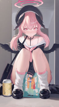 1girl absurdres beret black_c_(net_dust) black_choker black_hat black_shirt black_shoes black_wings blue_archive blush bra_strap can choker commentary drink_can food fruit full_body halo hat head_wings highres koharu_(blue_archive) leg_warmers lemon lemon_slice long_sleeves looking_at_another low_wings manga_(object) neckerchief pink_eyes pink_hair pink_halo pink_neckerchief pink_skirt pleated_skirt sailor_collar shirt shoes skirt sleeves_past_wrists solo thighs twintails white_leg_warmers white_sailor_collar wings