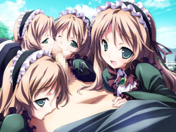 1boy 4girls censored clone cooperative_fellatio cum fellatio game_cg giga green_eyes licking multiple_girls multiple_persona one_eye_closed oral teamwork_(sexual) wink