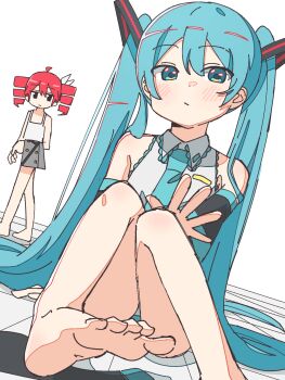 2girls aqua_eyes aqua_hair auhuheben17 barefoot blush detached_sleeves hair_between_eyes hair_ornament hatsune_miku highres kasane_teto looking_at_viewer multiple_girls necktie sitting twintails vocaloid walking