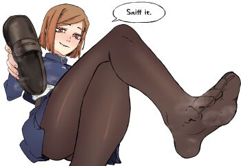 Rule 34 | 1girl, brown eyes, brown hair, crossed legs, feet, highres, jujutsu kaisen, kugisaki nobara, light blush, loafers, looking at viewer, medium hair, pantyhose, parted lips, shoes, single shoe, smearz, soles, steam, toes, unworn shoes