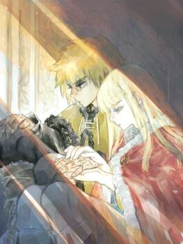 2boys androgynous blonde_hair blue_eyes blunt_bangs brown_eyes canute cape closed_mouth eyebrows eyelashes fur_trim highres holding holding_hands long_hair male_focus multiple_boys multiple_scars ornament prince profile red_cape scar scar_on_hand sidelocks sitting spring_deers sunlight thorfinn viking vinland_saga