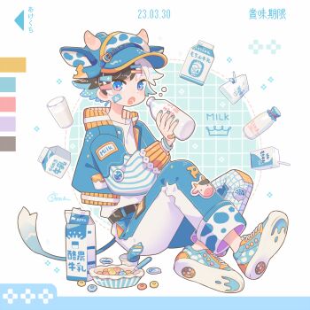 1boy animal_ears black_hair blue_eyes blue_hat blue_jacket blue_nails blue_pants blue_shoes blush bottle cereal color_guide commentary_request cow_boy cow_ears cow_horns cow_tail cup dated drink_carton drinking_glass ears_through_headwear full_body hat holding holding_bottle horns jacket jar long_sleeves looking_at_viewer male_focus milk milk_bottle milk_carton mochimura_sorata multicolored_hair nail_polish open_clothes open_jacket open_mouth original pants shirt shoes short_hair signature sitting sneakers solo spoon tail two-tone_hair white_hair white_shirt