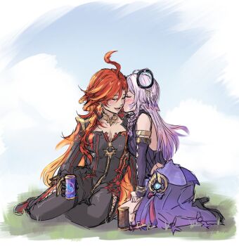 Rule 34 | 2girls, ahoge, armlet, bare shoulders, biker clothes, bikesuit, black bodysuit, black shoes, bodysuit, braid, breasts, can, citlali (genshin impact), commentary, couple, day, drink can, earrings, emeraldice67, english commentary, facial mark, floating headgear, genshin impact, gold armlet, gradient hair, grass, headgear, high heels, highres, holding, holding can, jewelry, kiss, kissing cheek, large breasts, light blush, long hair, long sleeves, mavuika (genshin impact), multicolored hair, multiple girls, on ground, open mouth, orange hair, outdoors, pink hair, purple skirt, red hair, shoes, sitting, skirt, triangle, triangle facial mark, twin braids, very long hair, vision (genshin impact), yokozuwari, yuri