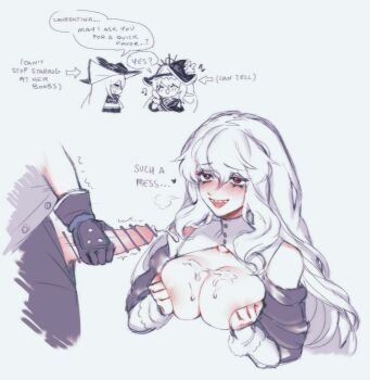 Rule 34 | 2girls, arknights, black gloves, breasts, commentary, cum, cum on body, ejaculation, english commentary, futa with female, futanari, futanari masturbation, gloves, grey hair, highres, large breasts, long hair, masturbation, mixed-language commentary, multiple girls, open mouth, orz (kagewaka), penis, red eyes, sharp teeth, simple background, skadi (arknights), specter (arknights), teeth, white background