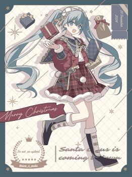 1girl :d alternate_costume aqua_border aqua_eyes aqua_hair boots border box commentary crossed_bangs dot_nose english_text frilled_jacket frills full_body fur-trimmed_boots fur-trimmed_skirt fur_trim gift gift_box hair_between_eyes hatsune_miku highres jacket long_hair long_sleeves looking_at_viewer merry_christmas miniskirt moo_n_moko open_mouth red_jacket red_skirt shirt skirt smile solo symbol-only_commentary twintails twitter_username unmoving_pattern very_long_hair vocaloid white_background white_shirt