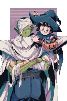 1boy 1girl absurdres bandaged_arm bandaged_head bandages black_hair black_hat blunt_bangs blunt_ends boots border brown_boots brown_gloves candy child colored_skin crossed_arms dragon_ball fingerless_gloves food gloves green_skin grey_eyes grin halloween_bucket halloween_costume hat highres living_(nsiring) mummy_costume on_shoulder pan_(dragon_ball) piccolo pointy_ears purple_background short_hair smile sweatdrop white_border witch witch_hat wrapped_candy