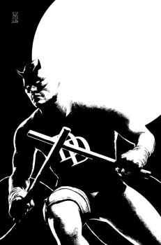 1boy 2023 artist_name black_background cowl d_(letter) daredevil dated greyscale highres holding holding_baton holding_nunchaku holding_weapon horned_mask marvel mask matt_murdock monochrome moon nunchaku shadow signature solo superhero_costume valerio_giangiordano weapon western_comics_(style)
