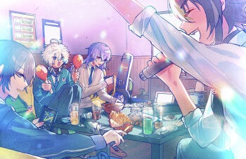 4boys absurdres blue_eyes blue_hair blue_jacket blue_necktie bowl brown_vest cellphone chopsticks closed_eyes collared_shirt commentary_request dango drink dytica_(nijisanji) food french_fries green_eyes heterochromia highres holding holding_chopsticks holding_instrument holding_maracas holding_phone hoshirube_sho howling inami_rai indoors instrument jacket karaoke koyanagi_rou long_hair magazine_(object) male_focus maracas matochi_(fa) multiple_boys murakumo_kagetsu music necktie nijisanji noodles phone plate purple_eyes purple_hair ramen shirt short_hair singing sweater_vest table takoyaki tissue_box vest virtual_youtuber wagashi white_hair white_shirt