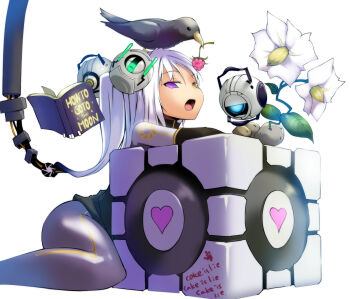 1girl adventure_core ass atahuta berry bird black_gloves bodysuit book cable crow elbow_gloves flower food fruit glados gloves heart heterochromia long_hair open_book open_mouth personification portal portal_(series) portal_1 portal_2 potato purple_eyes crow sitting space_core valve wariza aperture_science_weighted_companion_cube wheatley white_hair yellow_eyes