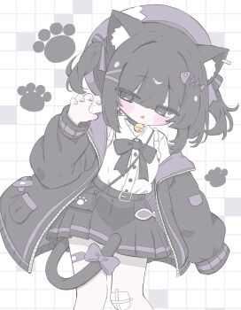 Rule 34 | 1girl, :o, animal ear fluff, animal ears, bandaid, bandaid on leg, bell, belt, black belt, black bow, black bowtie, black choker, black eyes, black hair, black jacket, black skirt, blush stickers, bow, bowtie, cat ears, cat girl, cat tail, choker, claw pose, collared shirt, commentary request, cowboy shot, fang, fish skeleton, fish skeleton hair ornament, gauze on knee, grid background, hair between eyes, hair bow, hair ornament, hairclip, hand up, hat, highres, izumi (yura izumi), jacket, long sleeves, multiple hair bows, neck bell, open clothes, open jacket, open mouth, original, paw print, purple bow, purple hat, shirt, short hair, sidelocks, single sleeve past fingers, skirt, solo, tail, tail bow, tail ornament, twintails, white shirt