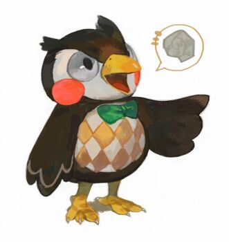 animal_crossing bird_boy blathers_(animal_crossing) bow bowtie chibikemo commentary_request furry furry_male green_bow green_bowtie nagabe nintendo no_humans owl_boy shell simple_background standing white_background
