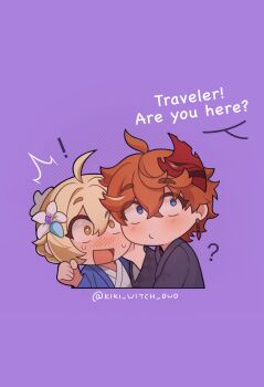 ! 1boy 1girl blonde_hair blue_eyes blush closed_mouth commentary earrings english_text flower genshin_impact hair_flower hair_ornament hand_on_another&#039;s_cheek hand_on_another&#039;s_face hashtag-only_commentary highres japanese_clothes jewelry kiki_witch kimono lumine_(genshin_impact) open_mouth orange_hair short_hair single_earring symbol-only_commentary tartaglia_(genshin_impact) twitter_username yellow_eyes