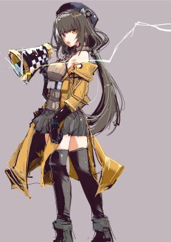 absurdres beret breast_strap clothes_pull colt_9mm_smg commentary_request girls'_frontline girls'_frontline_2:_exilium green_trim gun hat highres holding holding_megaphone jacket jacket_pull long_hair looking_at_viewer megaphone multicolored_hair race_queen ro635_(girls'_frontline) robella_(girls'_frontline_2) short_shorts shorts sleeveless sleeveless_sweater streaked_hair submachine_gun sweater weapon yellow_jacket yoto_(rinlin2)