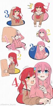 2girls ^^^ blue_eyes blush bocchi_the_rock! brown_bag brown_sailor_collar cube_hair_ornament glomp gotoh_hitori hair_ornament haniwa_hayate highres hug hug_from_behind jacket kita_ikuyo long_hair multiple_girls numbered pink_hair pink_jacket pink_track_suit red_hair sailor_collar school_uniform shaded_face shuka_high_school_uniform side_ahoge side_ponytail simple_background sweat track_jacket track_suit white_background yellow_eyes yuri